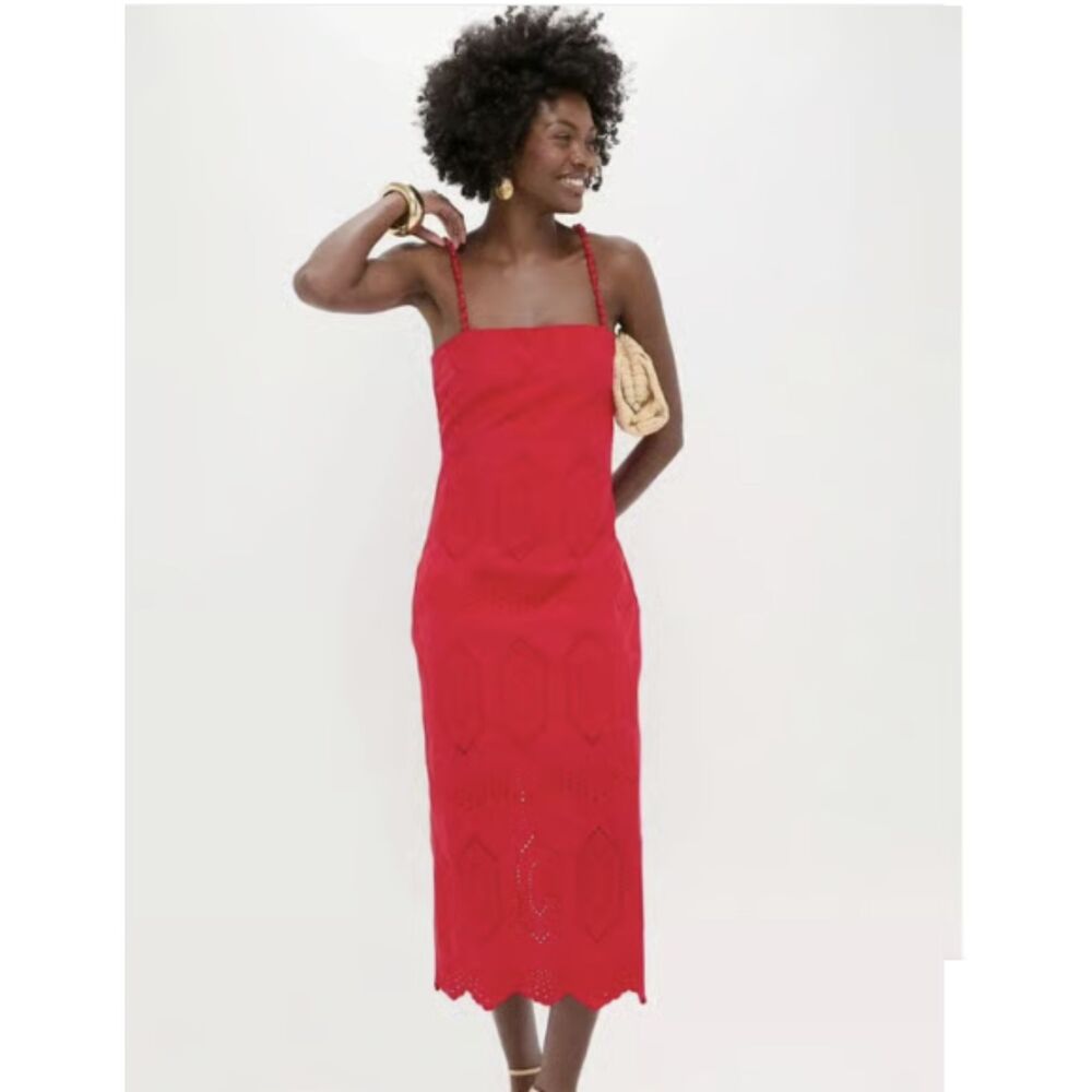 Hyacinth House Red Eyelet Beaded Strap Midi Dress M Tuckernuck NWOT